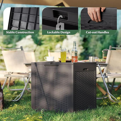 Tangkula 39 Gallon Outdoor Storage Box, Waterproof PP Resin Patio Storage Box with Lockable Lid for Indoor & Outdoor Use, Rattan Design Deck Box for Cushions, Garden Tools