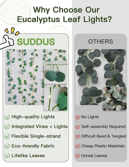 suddus Vines with Lights Battery Operated, 33ft 100 LED Eucalyptus Garland String Lights with Remote, Leaf Lights for Bedroom, Room, Wall, Garden, Party, Wedding Decor (Warm White)