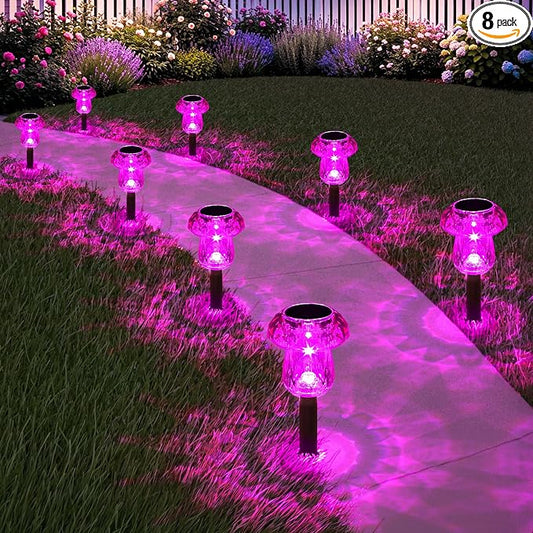 Solar Pathway Lights Outdoor 8 Pack Pink Garden Mushroom Decor | Waterproof Garden Outside Yard Walkway Landscape Path Lighting, LED Auto On/Off Decorations, Acrylic Diamond-like Lampshade