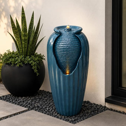Teamson Home 32 in. Outdoor Contemporary Glazed Contoured Vase Water Fountain with LED Lights to Create a Calming Oasis in Gardens and Landscaping, on Patios, Balconies, Lawns, Teal Blue | Freestanding Floor Feature, Built-In LED Light, Glossy Teal Blu...