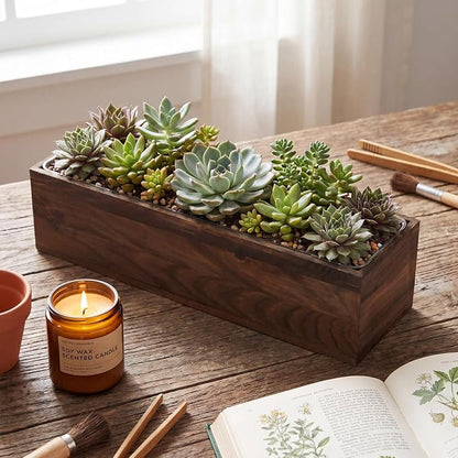 Dandat 2 Set Wood Boxes for Centerpieces 16x4 Inch Rectangle Wooden Planter Box Rustic Wooden Planters with Removable Plastic Liner Floral Foam Blocks for Christmas Wedding Home Garden Decor(Brown)