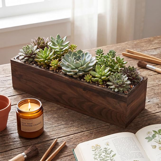 Dandat 1 Set Wood Boxes for Centerpieces 16x4 Inch Rectangle Wooden Planter Box Rustic Wooden Planters with Removable Plastic Liner Floral Foam Blocks for Christmas Wedding Home Garden Decor(Brown)