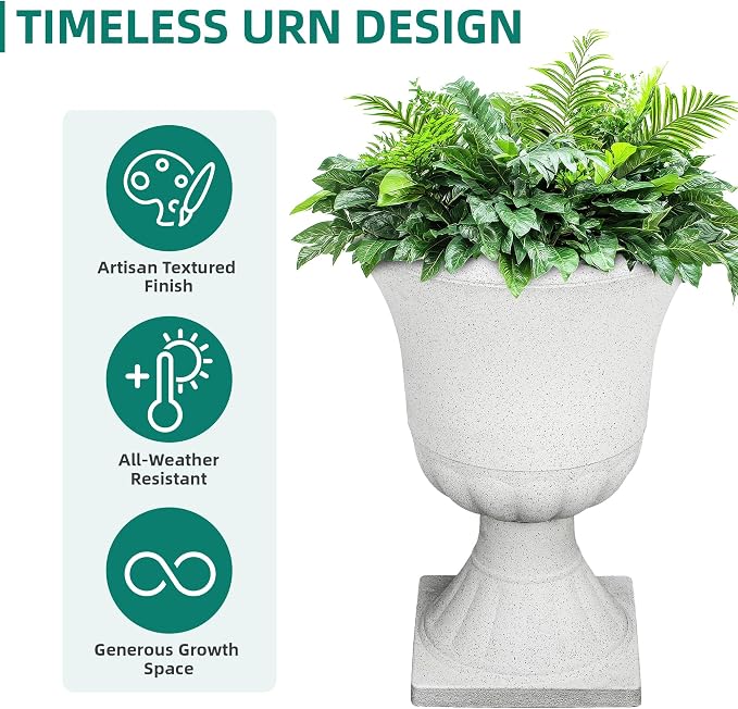 2-Pack 22" White Terrazzo Plastic Urn Planters with Drainage Holes | Set of 2 PP urn planters with white terrazzo finish, drainage plugs, UV-treated surface, and KD base for porch or patio
