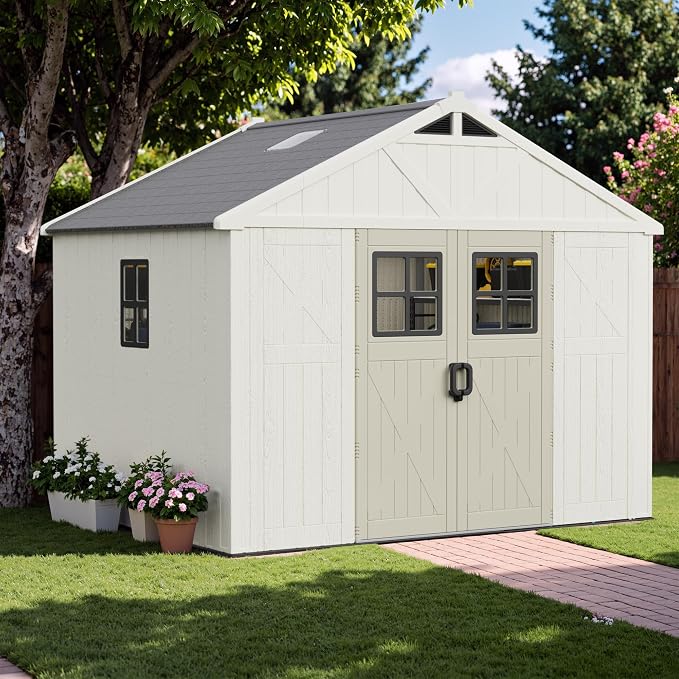Greesum 10X8FT Plastic Outdoor Storage Shed with Floor and Lockable Door, Resin Sheds with 4-Windows and Multiple Skylights, HDPE Kick-it Shed for Garden, Patio, Backyard, Beige
