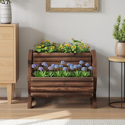 Wooden Wagon Planter Cute Garden Flower Pots Cart with wheels, Outdoor Decoration decor Indoor, Drainage hole, Garden decor for succulents herbs veggies for porch patio balcony (Carbonized, Medium)