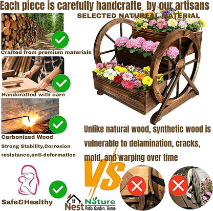 3 Tier Large Wooden Wagon Planter Box|Outdoor Planter/Flower Pot for Indoor&Outdoor Plants-Rustic Garden Planter for Patio,Porch&Garden Decor-Raised Garden Bed for Succulents,Herbs,Vegetables