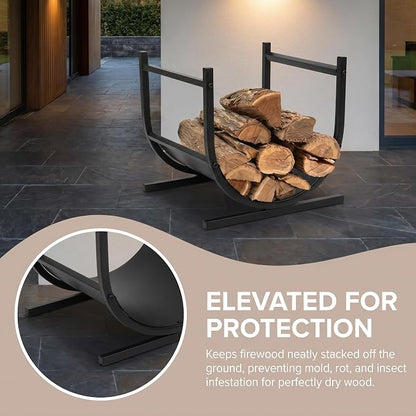 Firewood Rack Outdoor, 17 Inch U-shaped Firewood Storage Log Rack with Integrated Hooks, Wood Rack for Indoor Fireplace & Balcony (Black)