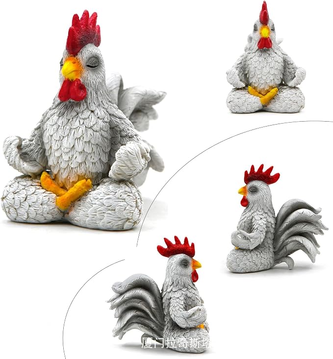 Yoga Rooster Ornament, Chicken Buddha Zen Figurine Resin Sit in Meditation Rooster Statue Rustic Farmhouse Bird Sculpture Gift Handmade Decoration for Home Patio Yard Lawn Garden (White)