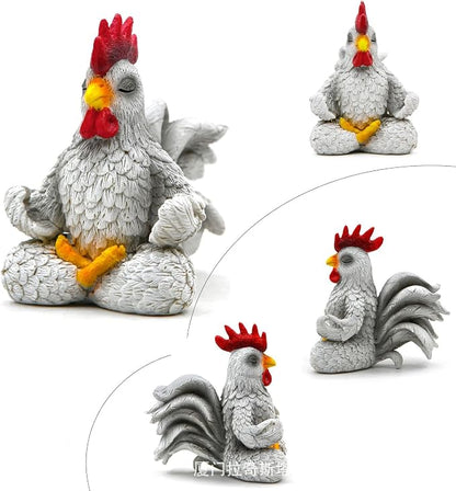 Yoga Rooster Ornament, Chicken Buddha Zen Figurine Resin Sit in Meditation Rooster Statue Rustic Farmhouse Bird Sculpture Gift Handmade Decoration for Home Patio Yard Lawn Garden (White)