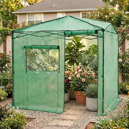 EAGLE PEAK 6x8 Portable Walk in Greenhouse, Pop Up Indoor Outdoor Greenhouse, Green House Kit with Zippered Roll-Up Doors and Windows, Side Door Design, PE Cover, Clear/Green