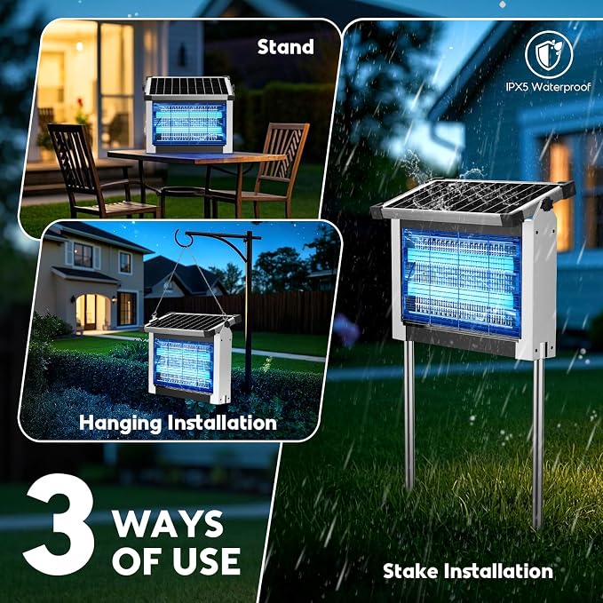 Solar Bug Zapper Outdoor, Waterproof Mosquito Zapper Outdoor Solar Powered, 4500V Electric Bug Zapper Indoor w/Smart Light Sensor, Mosquito Trap Fly Zapper for Patio Kitchen Garage Yard Camping