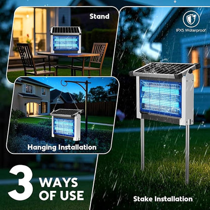 Solar Bug Zapper Outdoor, Waterproof Mosquito Zapper Outdoor Solar Powered, 4500V Electric Bug Zapper Indoor w/Smart Light Sensor, Mosquito Trap Fly Zapper for Patio Kitchen Garage Yard Camping