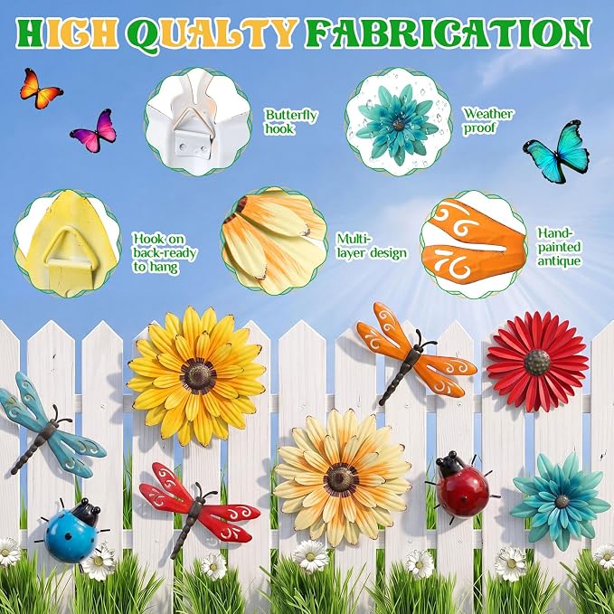 Therwen 9 Pcs Metal Wall Art Decor for Outside 3D Metal Sunflower Backyard Decorations Hanging Outdoor Wall Art Multicolored Flowers for Garden Fence Patio Yard Outdoor Porch