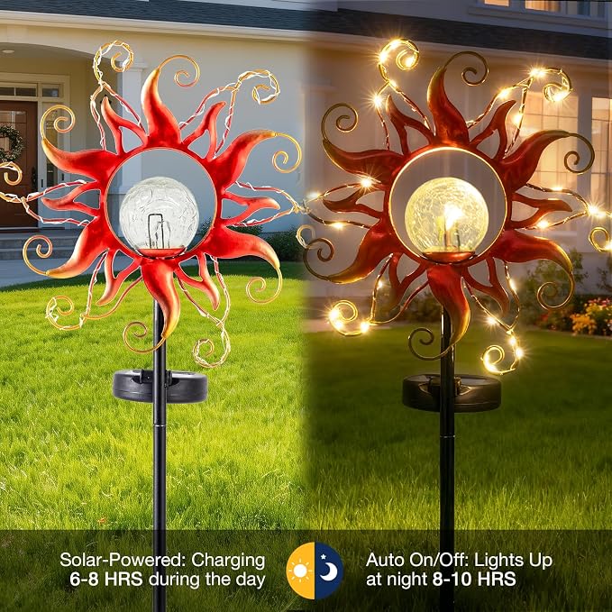 Solar Lights Outdoor Waterproof Red Sun Metal Crackle Glass Stake Decorative for Outside,Yard,Lawn,Patio,Walkway Mothers'Day Gifts Mom Grandma Garden Lover