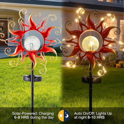 Solar Lights Outdoor Waterproof Red Sun Metal Crackle Glass Stake Decorative for Outside,Yard,Lawn,Patio,Walkway Mothers'Day Gifts Mom Grandma Garden Lover