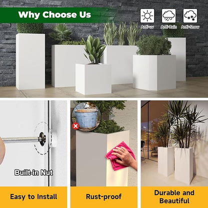 Metal Heavy Planter for Outdoor Plants Box 14"x14"x30" Metal Planter Spliced Planter Box with Removable Insert Sherf for Outside,Indoor,Garden (White, 14 * 14 * 30)