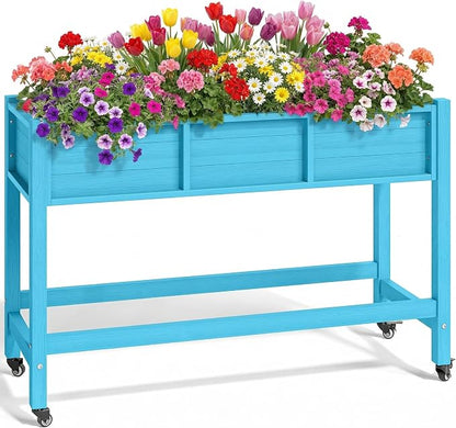 YITAHOME Raised Garden Bed HDPE, 47x18x31In Raised Flower Bed Poly-Wood Weather-Resistant Elevated Planter Box with Lockable Wheels for Vegetables, Aruba Blue