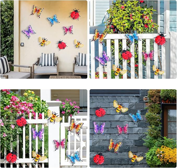 DEWEL 8 Pcs Metal Garden Decor for Outside, 3D Butterfly Ladybug Bee Outdoor Wall Art Decor, Colorful Hanging Decorations for Spring Garden Fence Patio Yard, Great Gift Choice