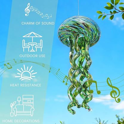 Sea Blown Glass Wind Chimes for Outside Jellyfish Ocean Wind Chimes 10 Inch | Ocean Beach Themed Crystal Wind Chime Gift Sea Glass Wind Chimes Hanging Decor for Patio, Window & Garden