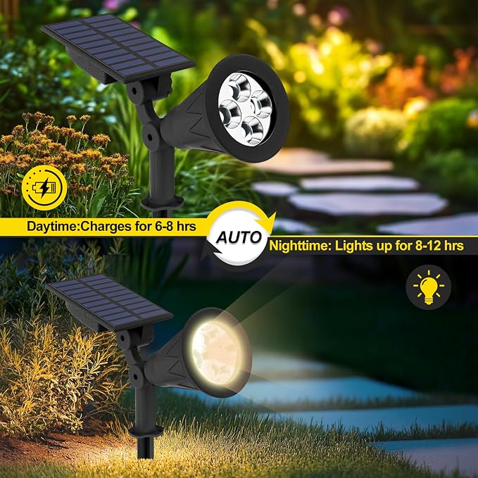 T-SUN Solar Spotlights Outdoor, IP65 Waterproof Dusk to Dawn Solar Lights, Adjustable Solar Lights for Tree, Patio, Yard, Garden, Driveway, Pool Area (Natural White-2Pack)