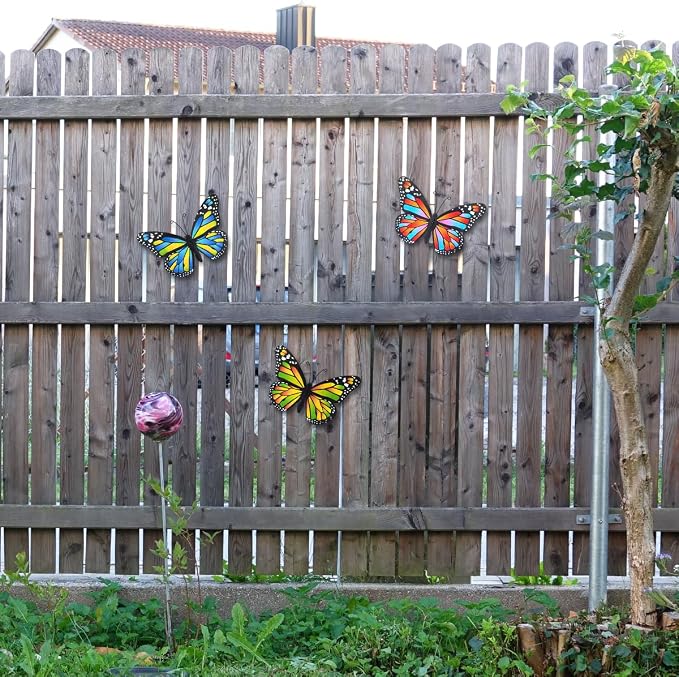 EOORAU Metal Butterfly Wall Decor - 3 Pack Lifelike Butterflies Wall Art Sculpture Hanging Decorations for Indoor or Outdoor, Yard Patio Fence Garden Decoration