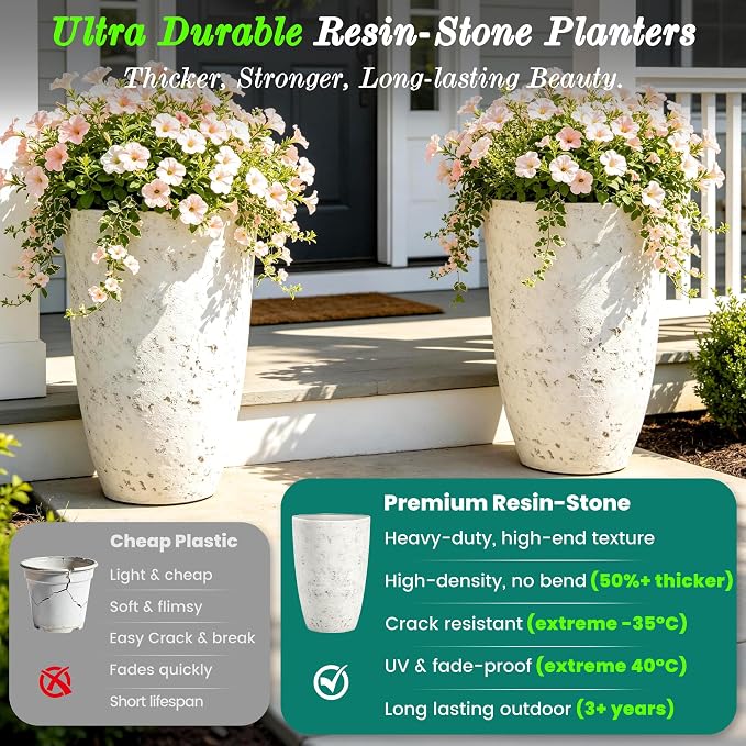 Autodaya 19.5" Resin Tall Planters for Outdoor Plants, Set of 2 Flower Pots | Country White Large Outdoor Planters With Birch Bark Texture, Heavy-Duty, Weather-Resistant For Year Round Indoor Outdoor Use