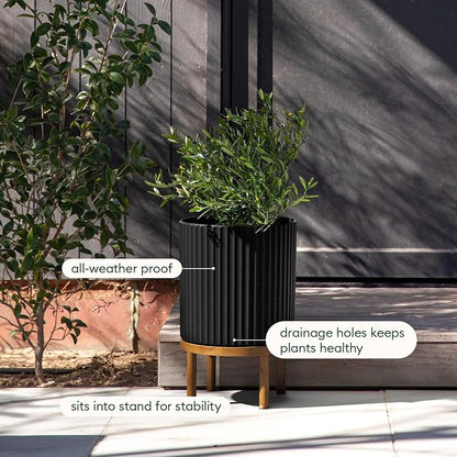 Veradek Demi Series Round Planter w/Stand for Porch/Patio | Durable Plastic-Stone Composite & Wooden Stand | Modern Décor for Tall Plants, Flowers