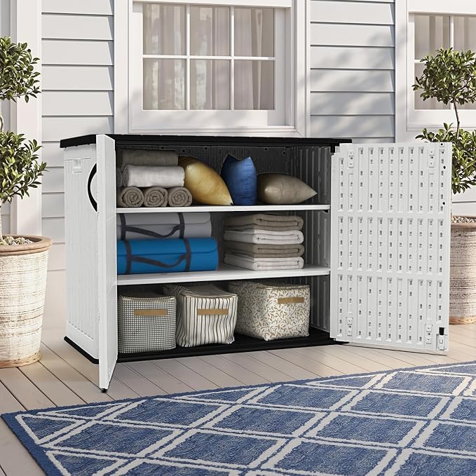 Devoko 26 Cu Ft Resin Outdoor Storage Cabinet, White | Horizontal Plastic Storage Shed with Lockable Door, Water-Resistant Backyard Storage Box for Garden Patio, Shelf Not Included