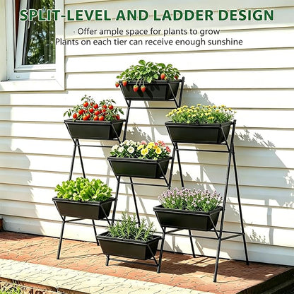 Raised Garden Bed Tiered Vertical Garden Planters Outdoor 7 Planter Boxes with Legs Indoor Elevated Herbs Flowers Vegetables Garden Box for Backyard Patio Balcony, Black