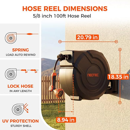 Upgraded Retractable Garden Hose Reel 5/8 inch x 100 ft Wall-Mounted 9 Pattern Nozzle Any Length Lock Automatic Slow Return 180° Swivel UV Resistant Heavy Duty Hose Reels for Outside