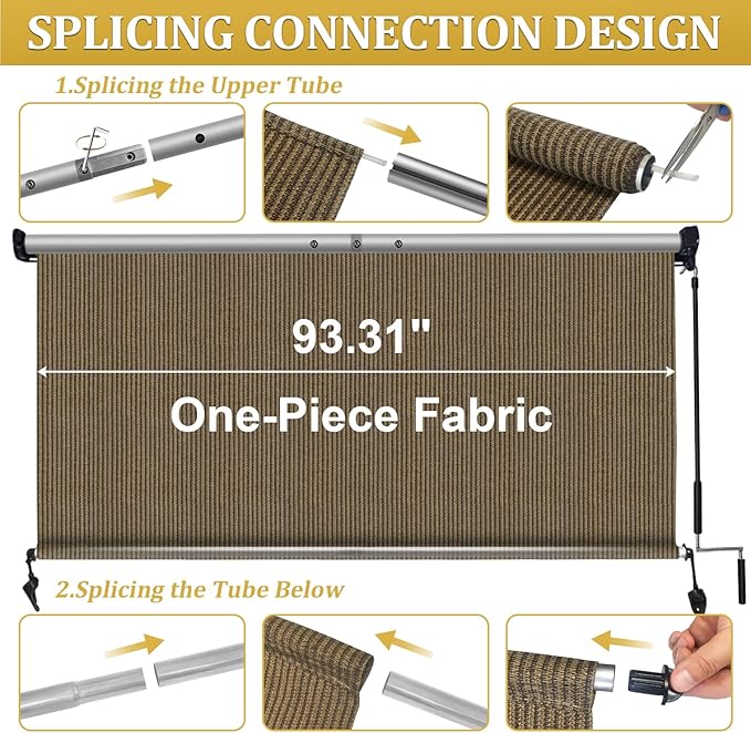 Shade&Beyond Outdoor Roller Shades with Splicing Design, 8' W x 6' H Cordless Patio Roll Up Blinds, Exterior Shade Cloth Roll for Porch, Gazebo, Pergola, Balcony, Coffee Brown