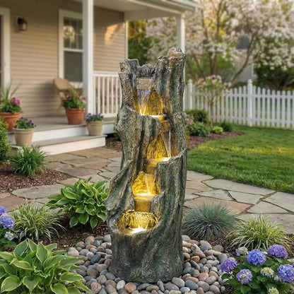 Outdoor Waterfall Fountain with LED Lights, Freestanding Tree Design Garden Water Feature, Fiberglass Resin Construction, Easy Setup for Patio Backyard Lawn Porch