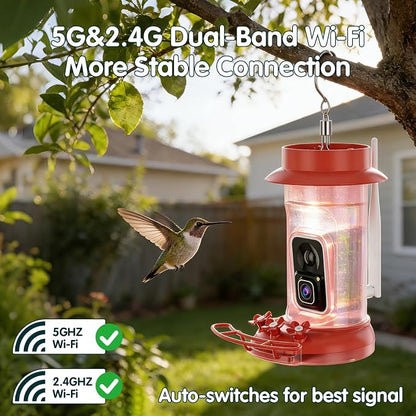 Hummingbird Feeder with Camera, 4K Ultra HD Video at 30fps, 10x Slow-Motion at 120fps,1.9in Closer Focus, No Subscription,Leak Proof, Ant Moat,Solar Powered, 2.4G&5G Wi-Fi,Bird Lover Gift