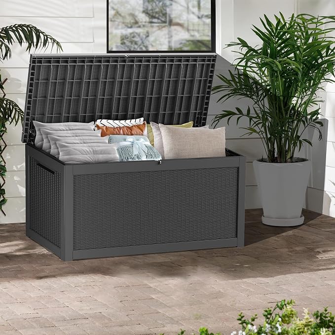 Outdoor Storage Box, 320 Gallon Waterproof Deck Box, Dual Gas-Spring Ultimate Resin Organizer for King Cushions, Heavy-Duty Lockable Estate Storage Bench, Backyard BBQ, Black