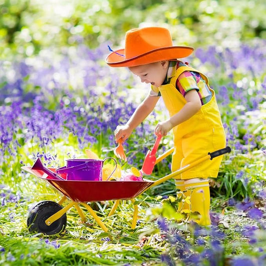 Costzon Kids Wheelbarrow, Metal Construction Toys Kart, Child Wheel Barrel w/Non-Slip Handle, Wearable Wheels, Yard Rover Steel Tray, Tote Dirt/Leaves/Tools in Garden for Toddlers (Red)