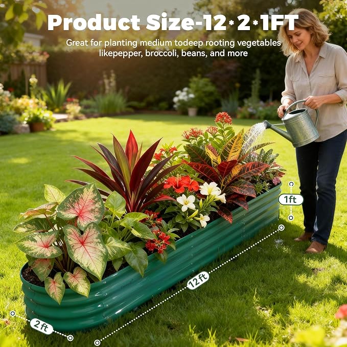 Raised Garden Bed, 12" Tall Galvanized Metal Raised Beds for Gardening Kit | 12x2x1ft, Large Above Ground Planters Boxes for Outdoor Plants Vegetables, Flowers, Herbs, Fruits, Rust Resistant, Green