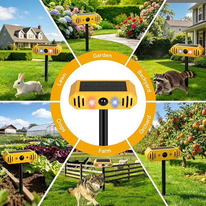 Solar Ultrasonic Animal Repellent with 13 Predator Sounds & Strobe Lights-IP55 Waterproof Sonic Alarm Deterrent for Cat,Deer,Raccoon,Squirrels,2-in-1 Stake or Wall Mount for Yard,Garden,Farm & Patio