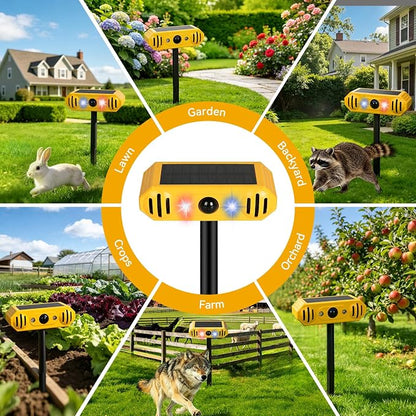 Solar Ultrasonic Animal Repellent with 13 Predator Sounds & Strobe Lights-IP55 Waterproof Sonic Alarm Deterrent for Cat,Deer,Raccoon,Squirrels,2-in-1 Stake or Wall Mount for Yard,Garden,Farm & Patio