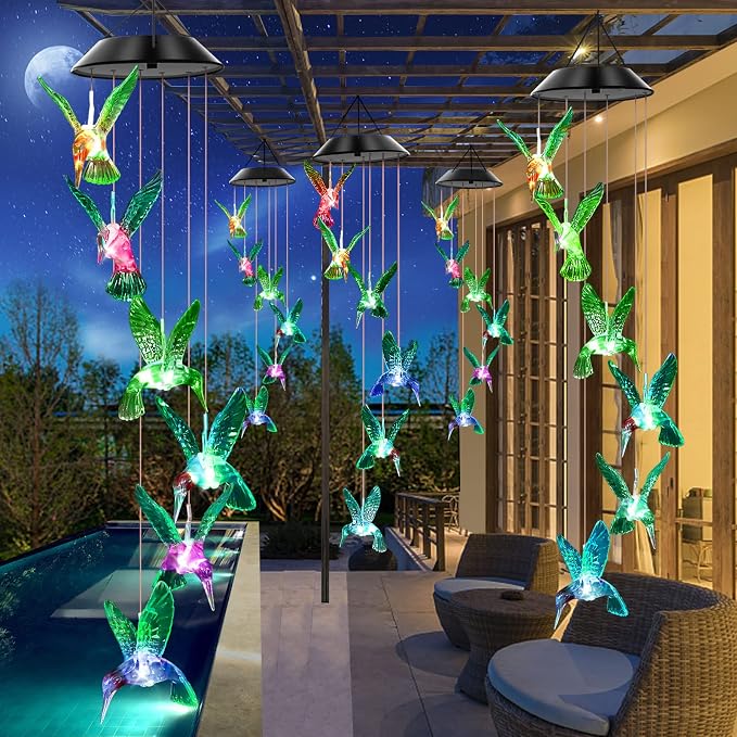 Solar Wind Chimes Outdoor Color Changing Lights, Gift for Women Mom Grandma Sister Best Gifts, Wind Chimes Unique Outdoor Garden Yard Decor (Green Hummingbird)