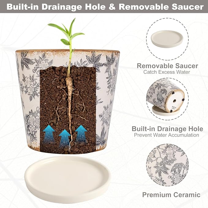 Ceramic Flower Pots For Indoor Plant, 5.5 Inch Small Ice Crack Plant Pots With Drainage Hole & Saucer, Decorative Vintage Planters For Succulent Herb Cactus Mint Basil, Garden Pot For Home Decor