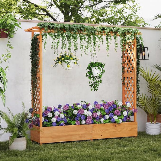 Giantex Set of 2 Raised Garden Bed with Trellis & Hanging Roof, Wood Planter Box with Bottom and Drainage Holes, Freestanding Garden Planter for Flower Vegetable Fruit Herb Climbing Vines, 77"x17"x70"