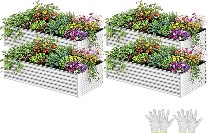 YITAHOME 4pcs 6x3x2ft Galvanized Raised Garden Bed, Metal Planter Box with Safety Rubber, Gloves, Outdoor Flower Bed for Planting Plants Vegetables, Silver