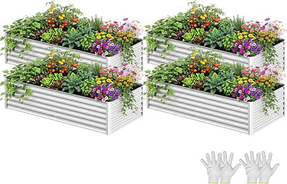 YITAHOME 4pcs 6x3x2ft Galvanized Raised Garden Bed, Metal Planter Box with Safety Rubber, Gloves, Outdoor Flower Bed for Planting Plants Vegetables, Silver