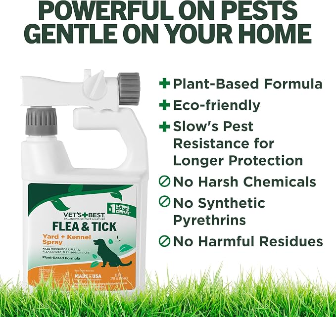 Vet's Best Flea and Tick Yard and Dog Kennel Spray, Mosquito Repellent with Certified Natural Oils, Plant Safe with Ready-to-Use Hose Attachment, Flea and Tick Prevention for Dogs, 32 oz