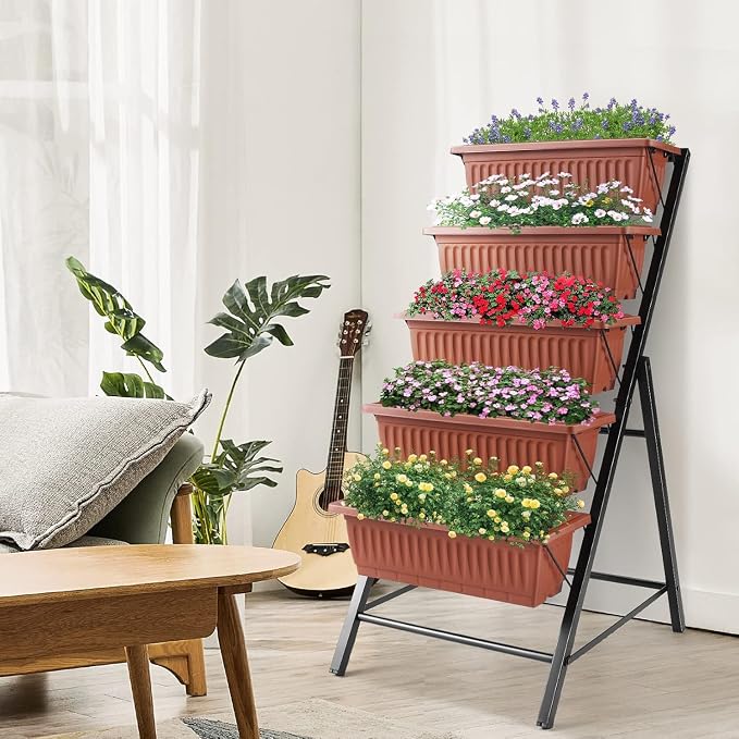 Suyncll 2 Pack Vertical Raised Garden Bed, 5 Tiers Elevated Planter Box with Drainage System and 4 Hooks, 4FT Vertical Planter for Herbs Vegetables Flowers, Dark Red