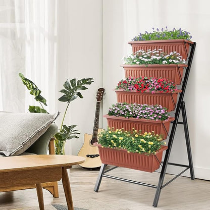 Suyncll 2 Pack Vertical Raised Garden Bed, 5 Tiers Elevated Planter Box with Drainage System and 4 Hooks, 4FT Vertical Planter for Herbs Vegetables Flowers, Dark Red
