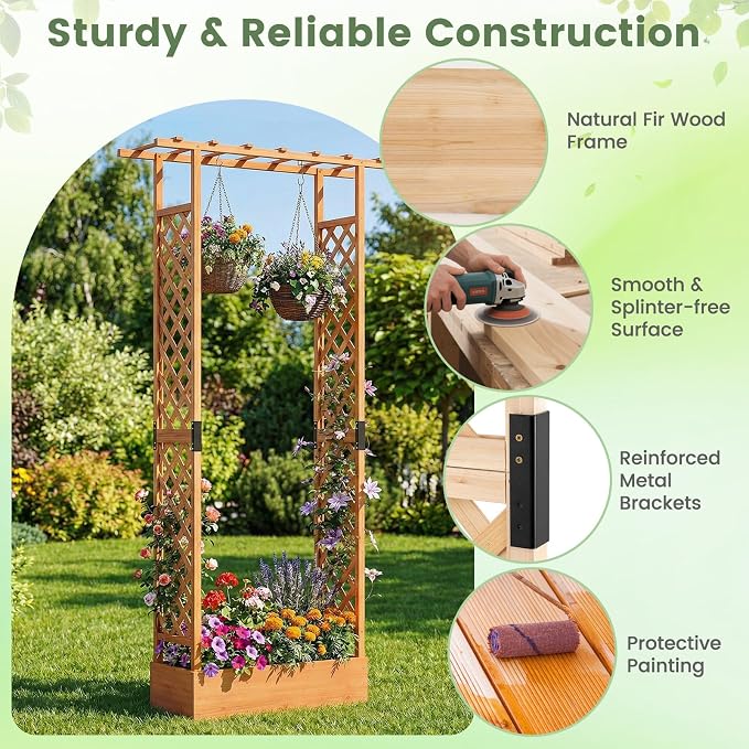 Giantex Wooden Raised Garden Bed with Trellis & Hanging Roof, Fir Wood Planter Box, 89” Freestanding Elevated Garden Bed for Outdoor Climbing Plants Vegetables Flowers, Patio & Balcony, Orange