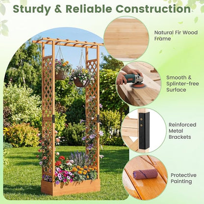 Giantex Wooden Raised Garden Bed with Trellis & Hanging Roof, Fir Wood Planter Box, 89” Freestanding Elevated Garden Bed for Outdoor Climbing Plants Vegetables Flowers, Patio & Balcony, Orange
