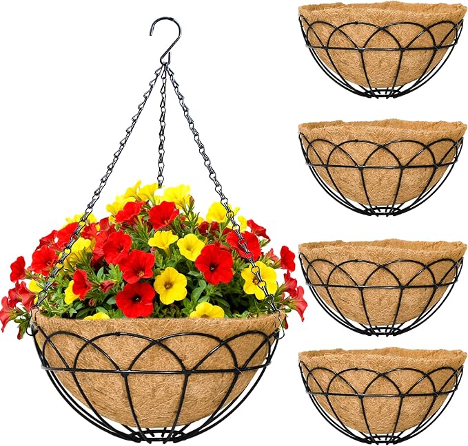 4 Pack 14 Inch Black Wire Hanging Planter with Coir Fiber Outdoor Round Hanging Basket with Metal Chain for Balcony Porch Farmhouse Country Style Garden Decor (Lotus Pattern)