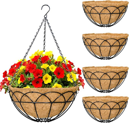 4 Pack 14 Inch Black Wire Hanging Planter with Coir Fiber Outdoor Round Hanging Basket with Metal Chain for Balcony Porch Farmhouse Country Style Garden Decor (Lotus Pattern)